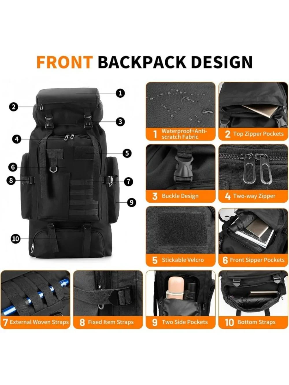 80L Waterproof Tactical Hiking Backpack - Large Military Rucksack for Travel